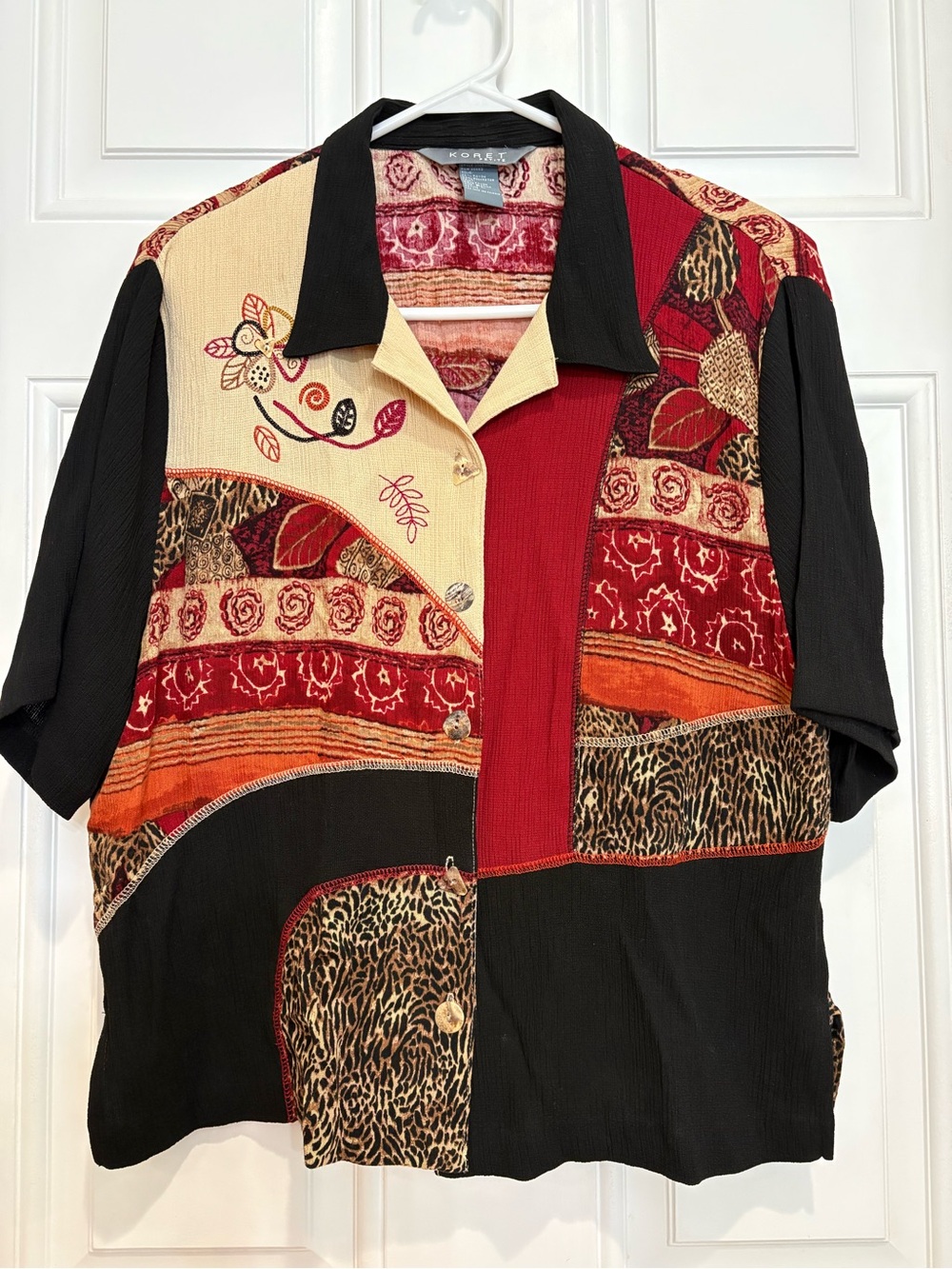 Vintage Koret Women’s Patchwork Button Down Short Sleeve Blouse, Size Petite L